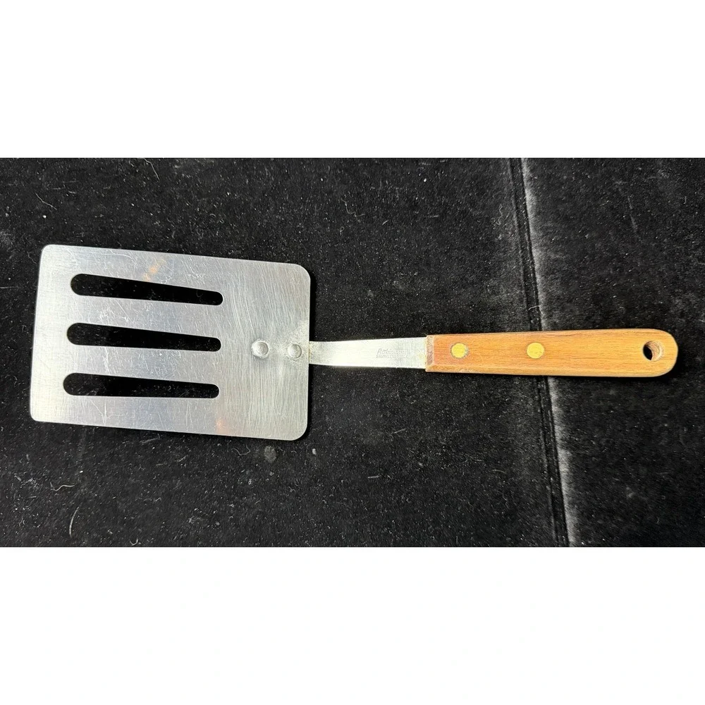 Vintage Robinson Stainless USA Slotted Spatula Wood Handle Brass Rivets Turner